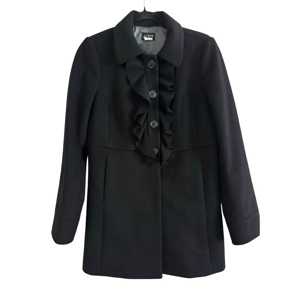 J. CREW Black Wool Ruffle-Front Trim Dress Winter Coat Preppy - Sz 6
